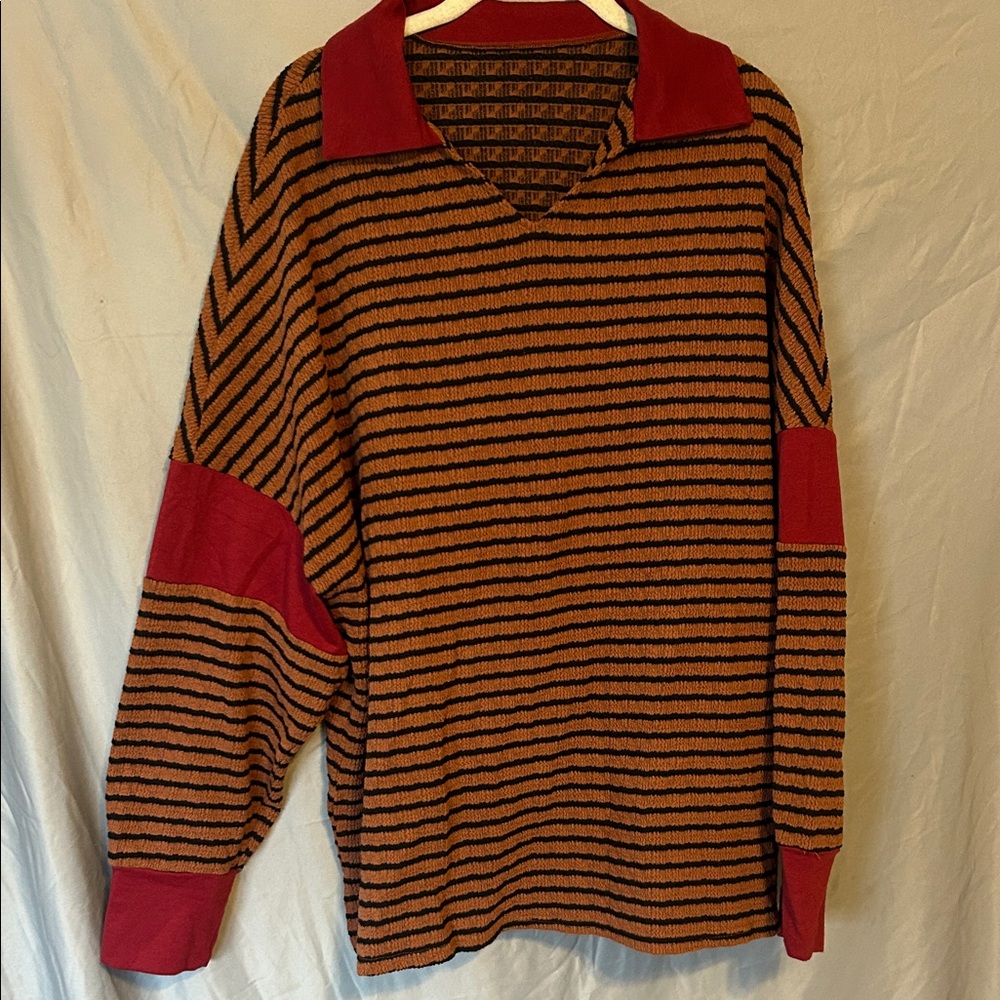 Striped Oversized Collared V-Neck Sweater - Red, Brown, and Black Slits on Side